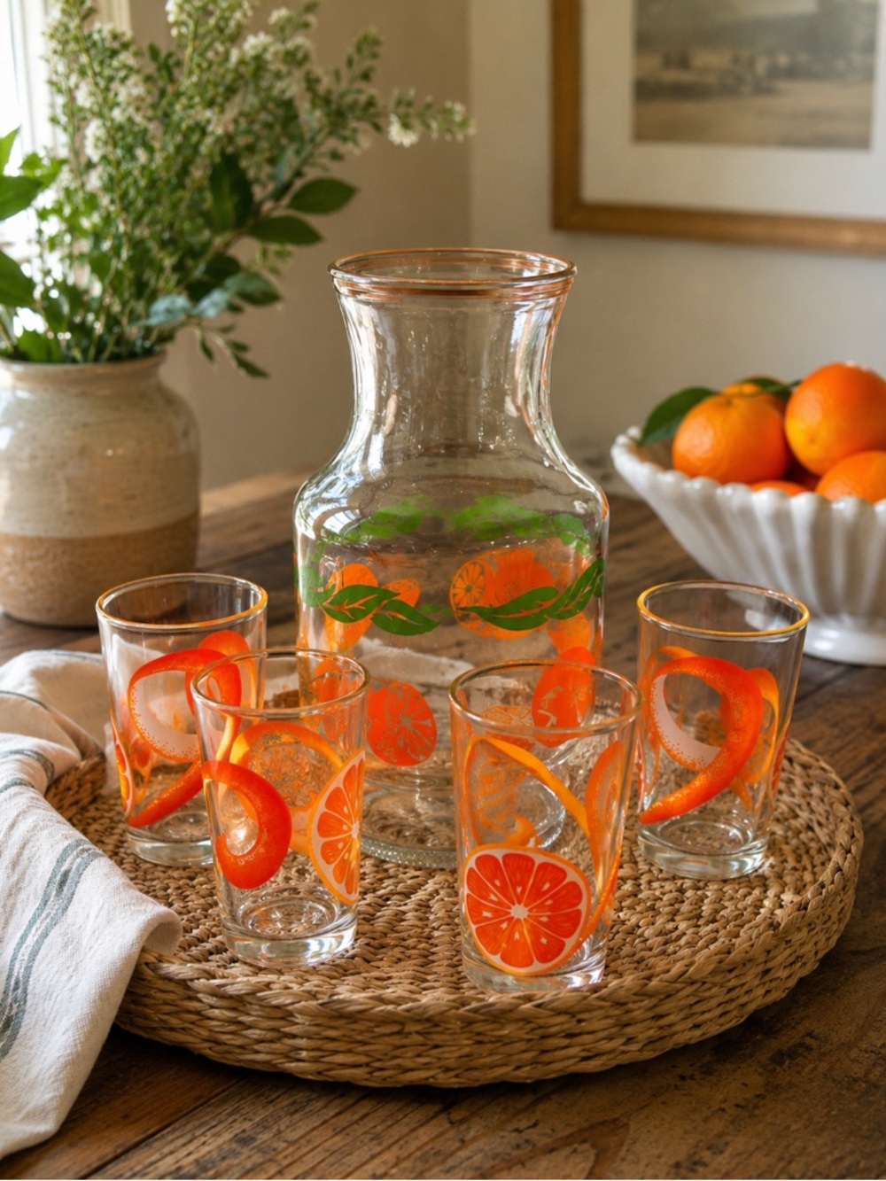 Vintage 1960s Anchor Hocking Citrus Orange Juice Carafe & 4 Juice Glasses MCM